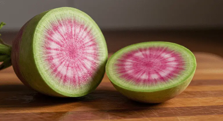 watermelon radish sliced open on a cutting board