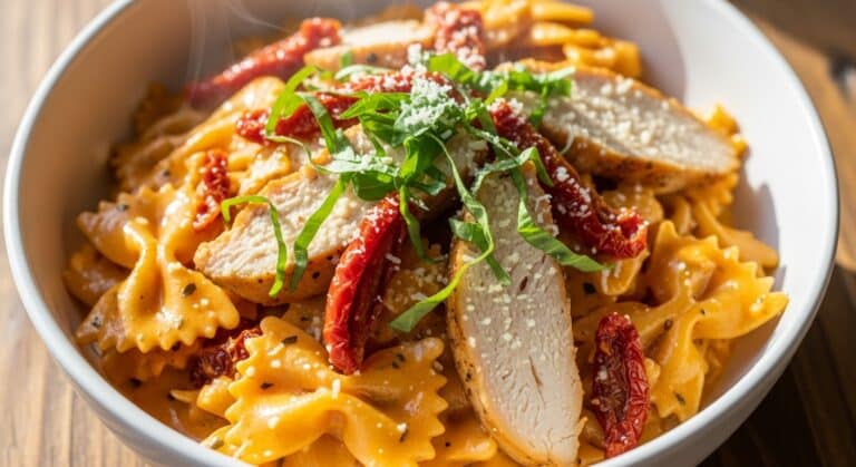 Creamy marry me chicken pasta in a bowl