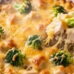 Chicken broccoli rice casserole hot from the oven in a white baking dish