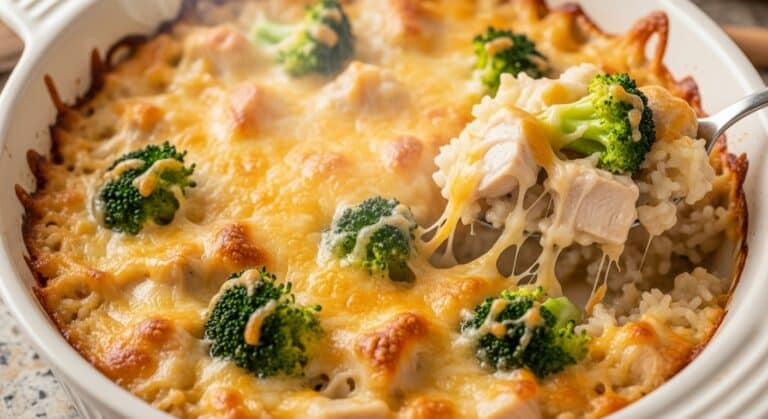 Chicken broccoli rice casserole hot from the oven in a white baking dish