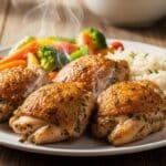 Boneless skinless chicken thighs in oven served with roasted vegetables.