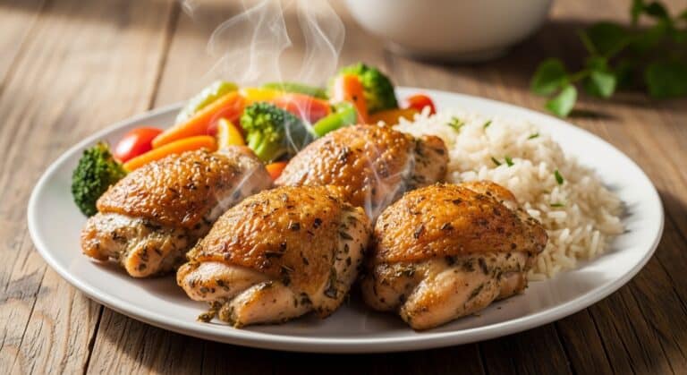 Boneless skinless chicken thighs in oven served with roasted vegetables.