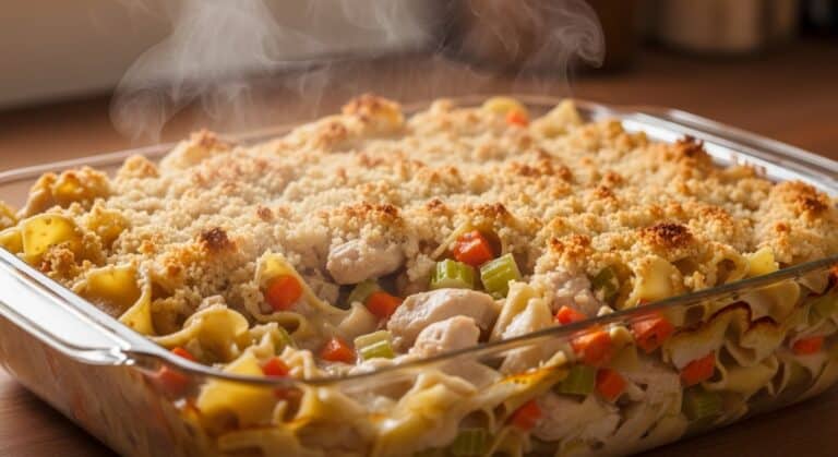 Chicken noodle casserole in baking dish with golden topping.