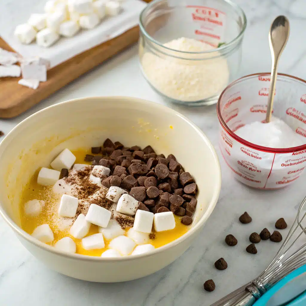 First step in making brownies with marshmallows
