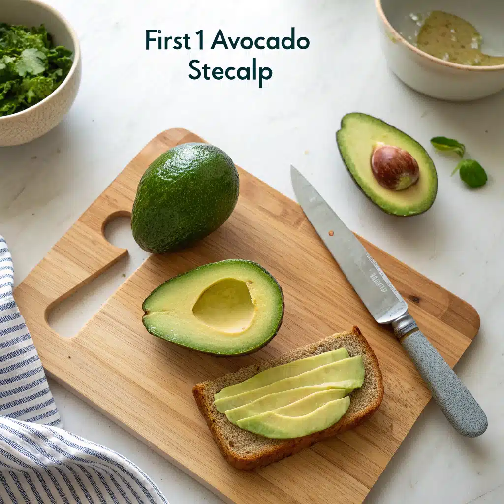 Step-by-step images showing how to prepare avocado, from cutting to mashing on toast