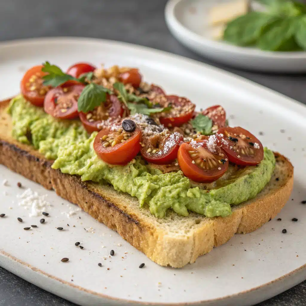Beautiful serving suggestions for avocado toast with various toppings and garnishes