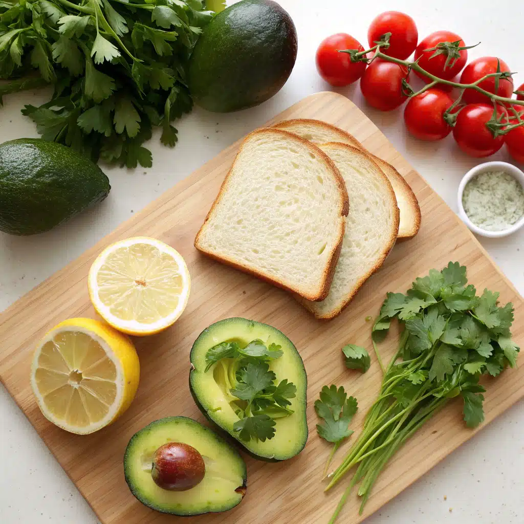 Avocado toast with all ingredients displayed, including ripe avocados, sourdough bread, lemon, and sea salt