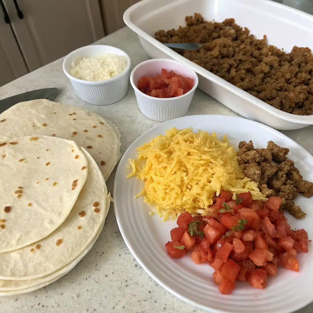 First step of assembling breakfast enchiladas in a baking dish