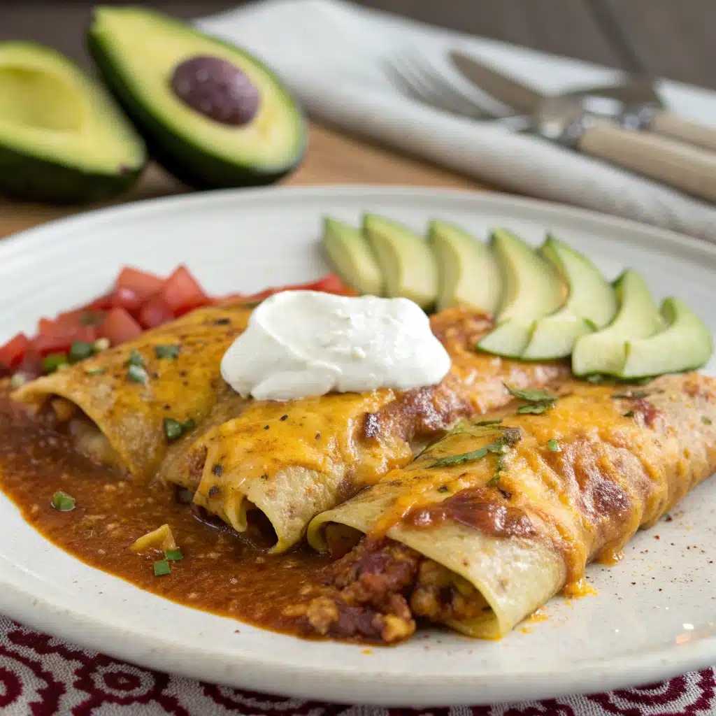 Breakfast enchiladas served on a plate with garnishes