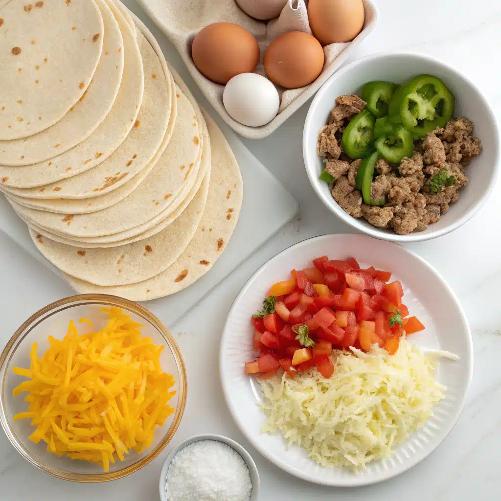 Breakfast enchiladas ingredients laid out on a kitchen counter