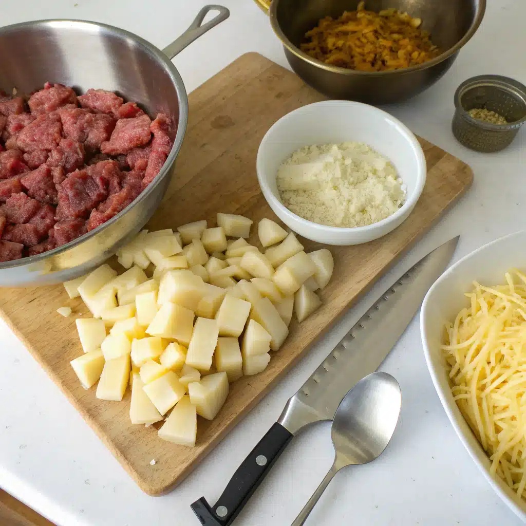 cheesy meat and potatoes skillet First Step