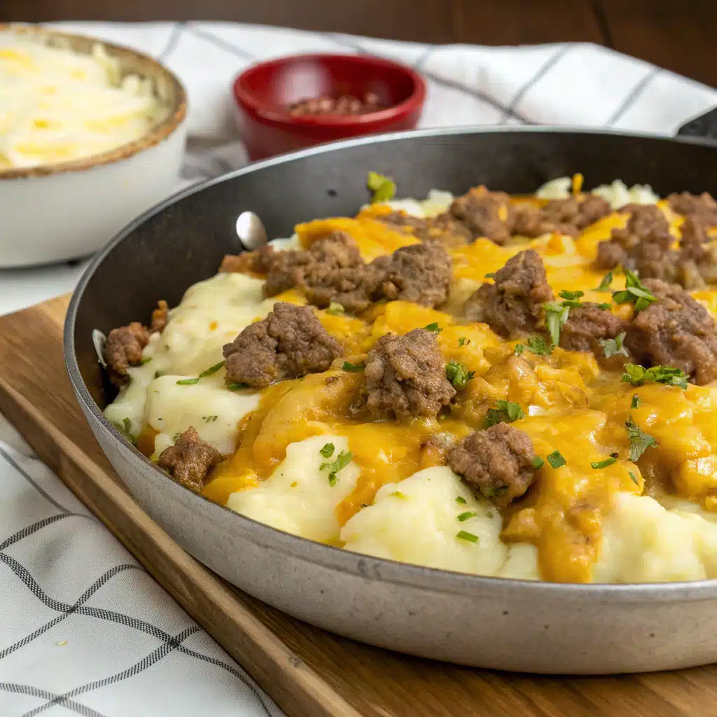 cheesy meat and potatoes skillet Serving