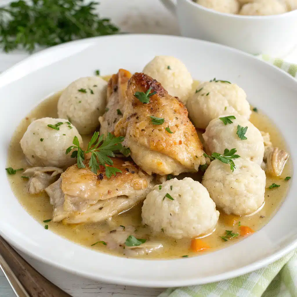 Chicken and dumplings served in a bowl, topped with fresh herbs