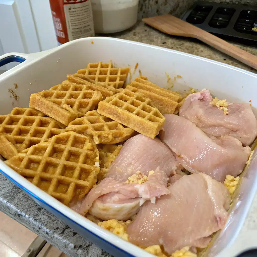 chicken and waffle breakfast casserole First Step