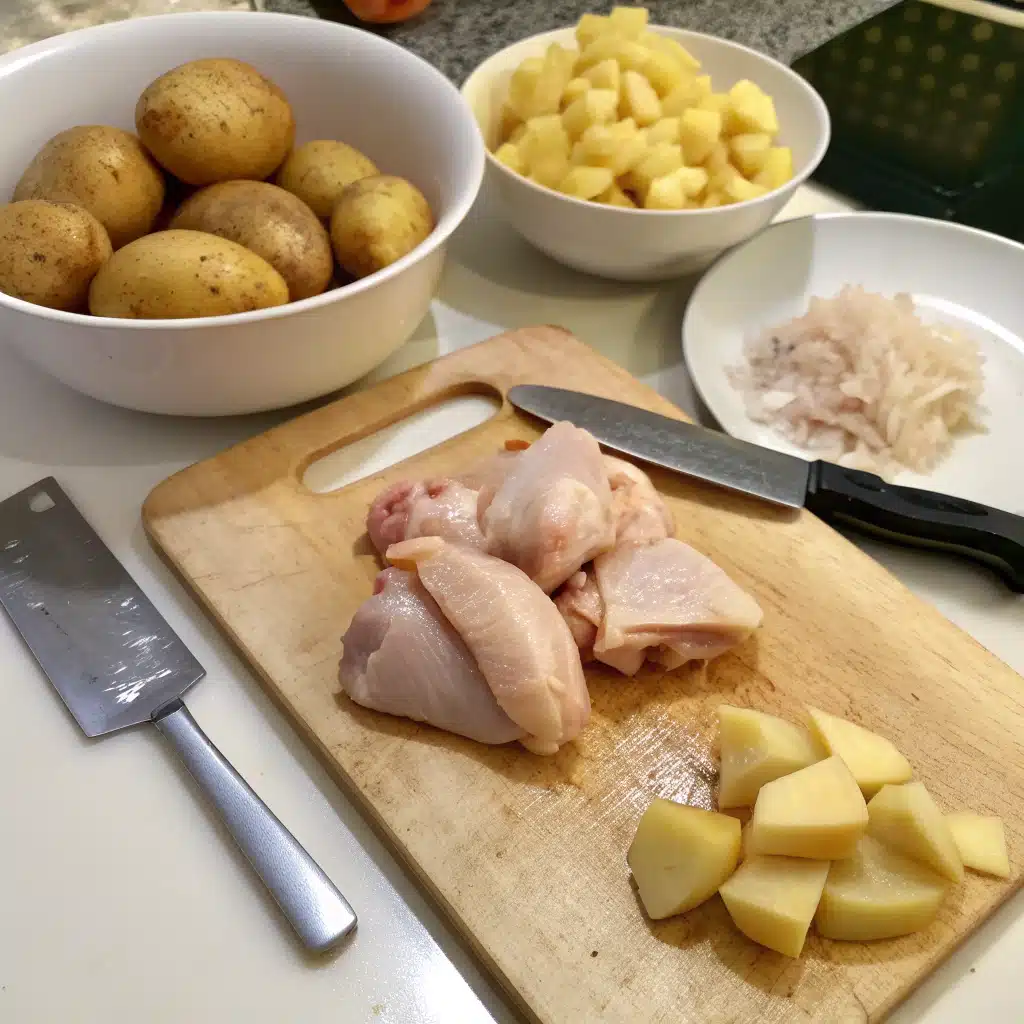 First step of cooking chicken soup with potatoes