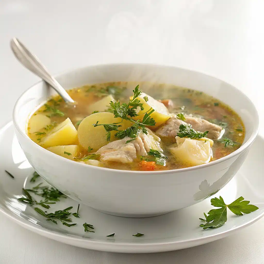 Serving of chicken soup with potatoes