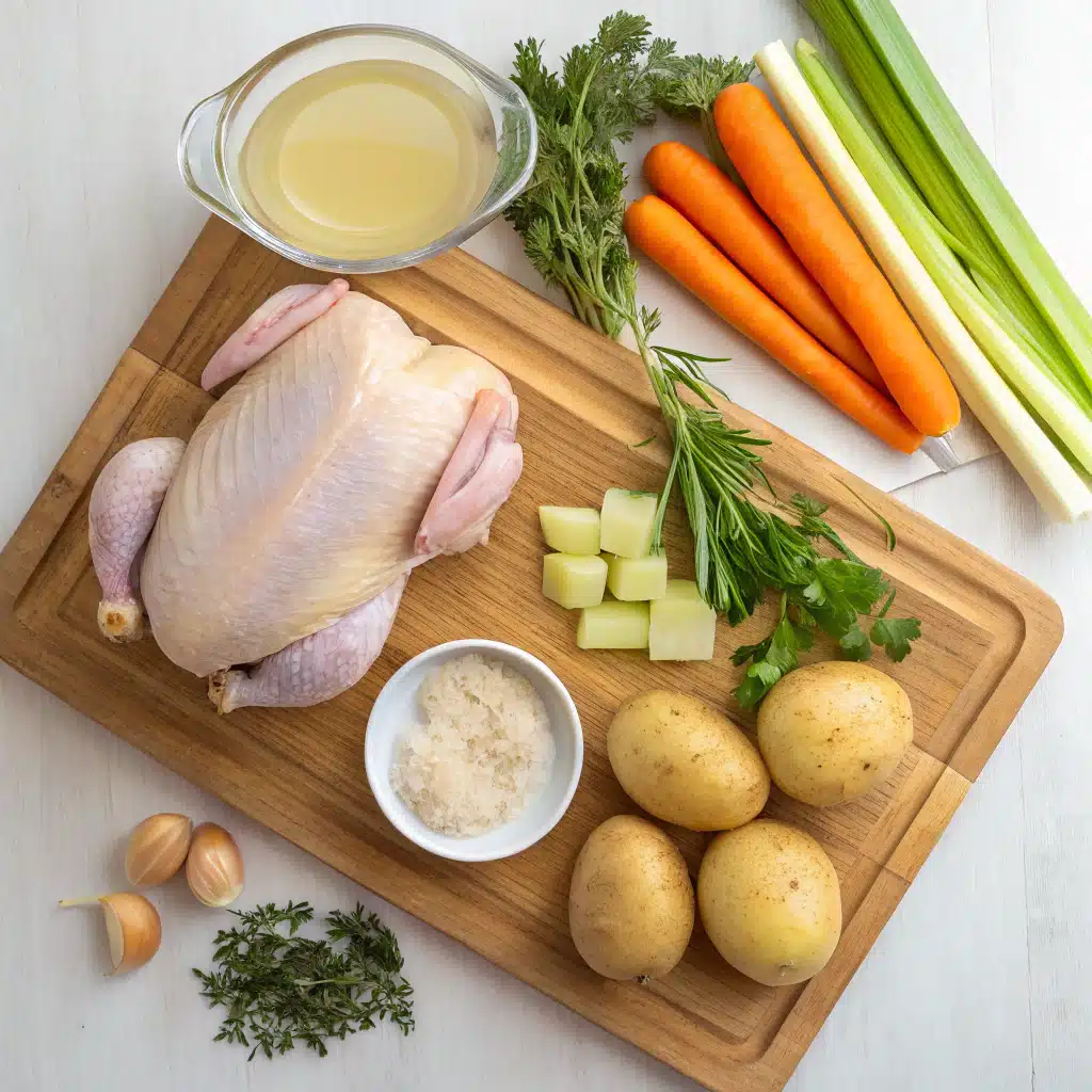 Ingredients for chicken soup with potatoes