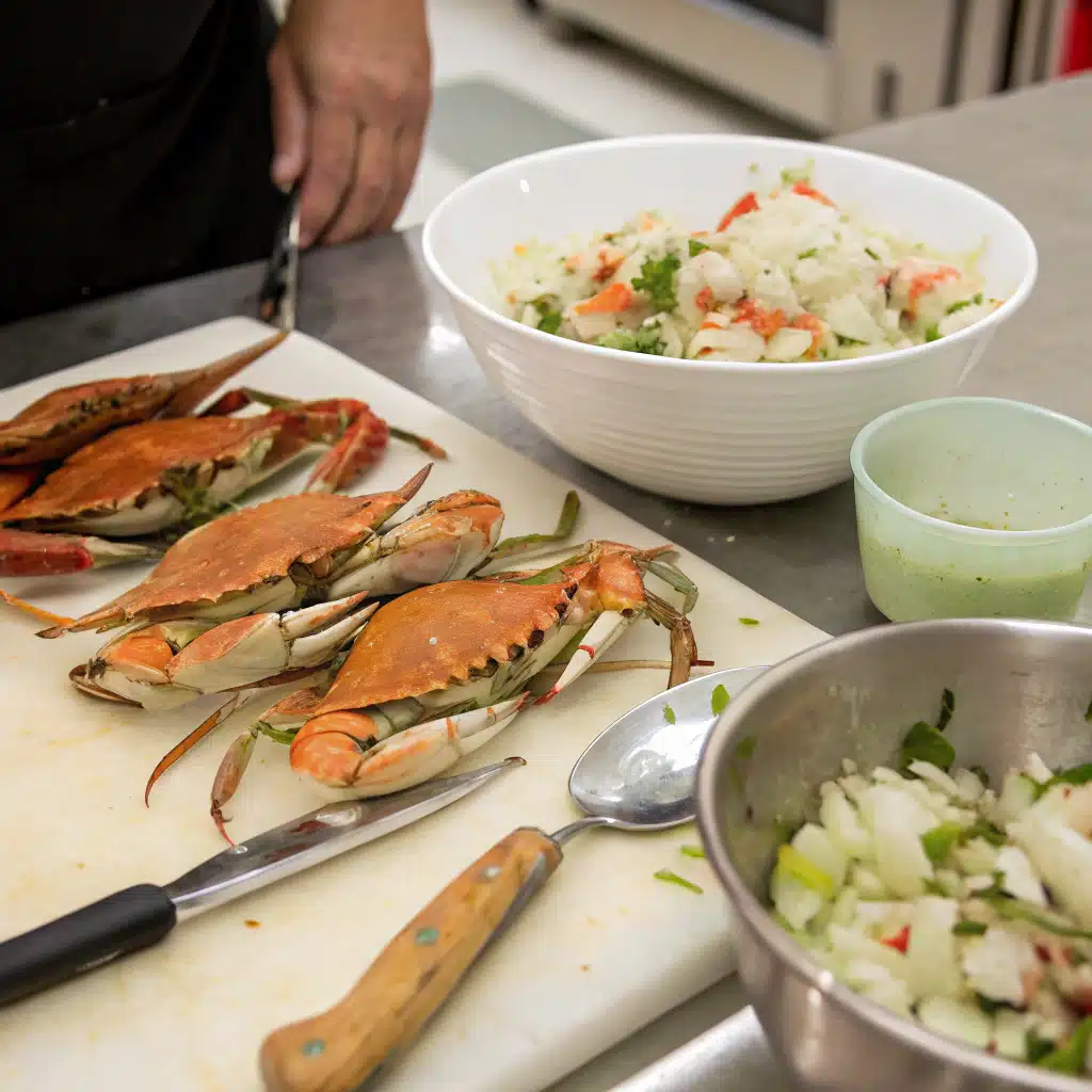 First step of making crab salad - chopping ingredients