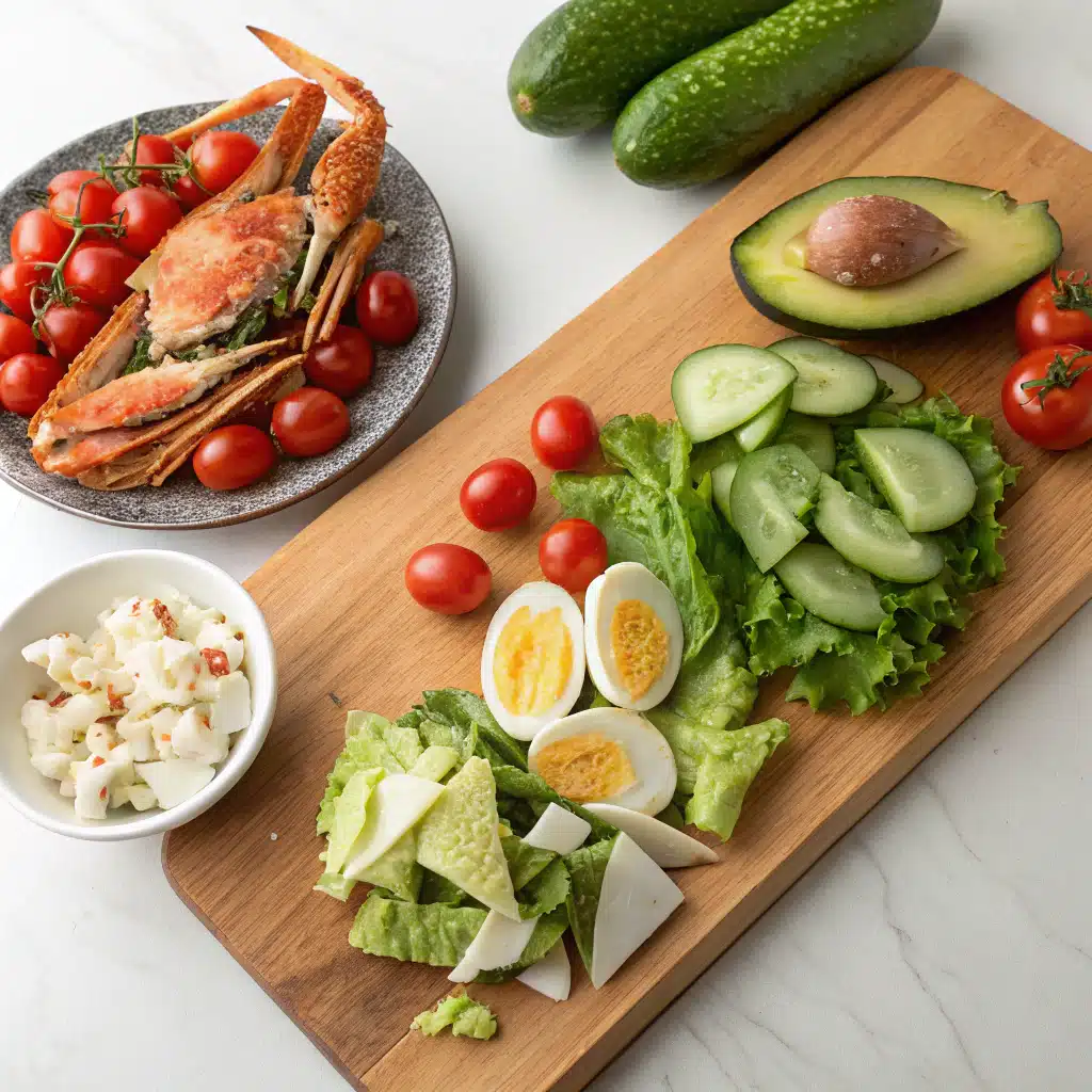 Crab salad ingredients laid out on a counter