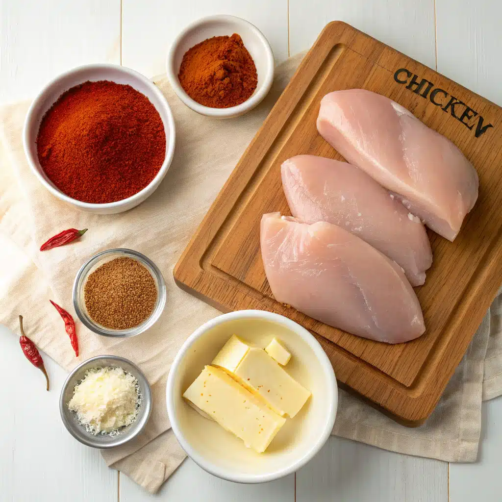 Crack chicken ingredients arranged on a wooden cutting board