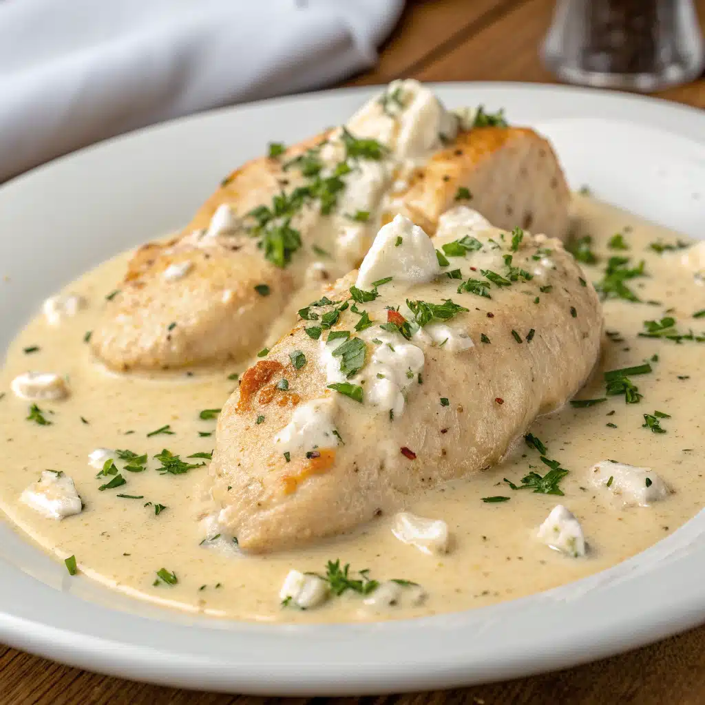 Creamy ranch chicken served over mashed potatoes with a side of green vegetables