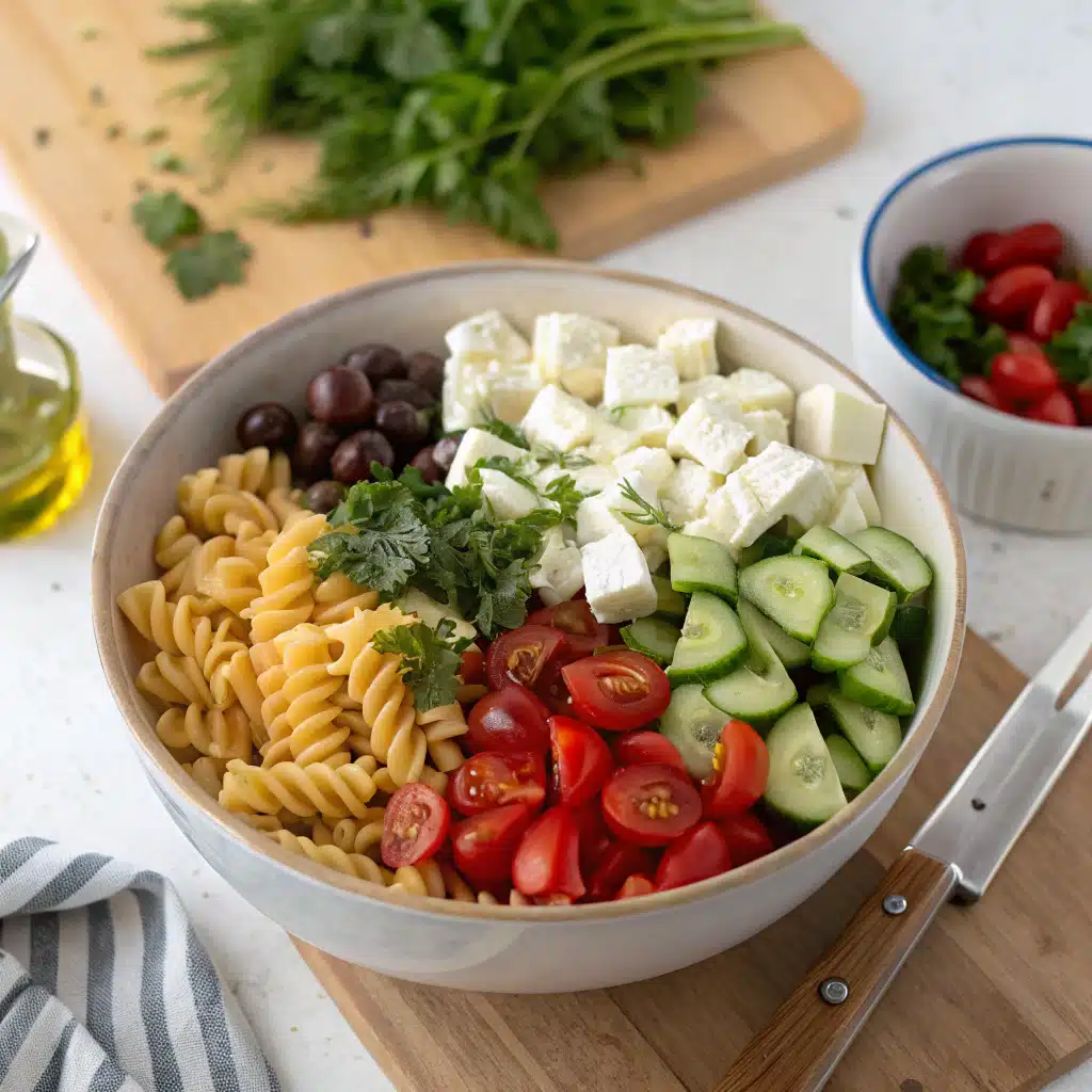 Greek pasta salad first step
