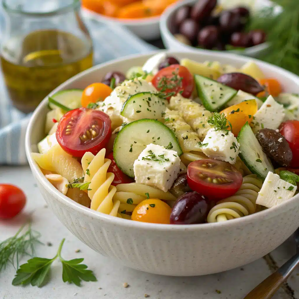 Greek pasta salad serving