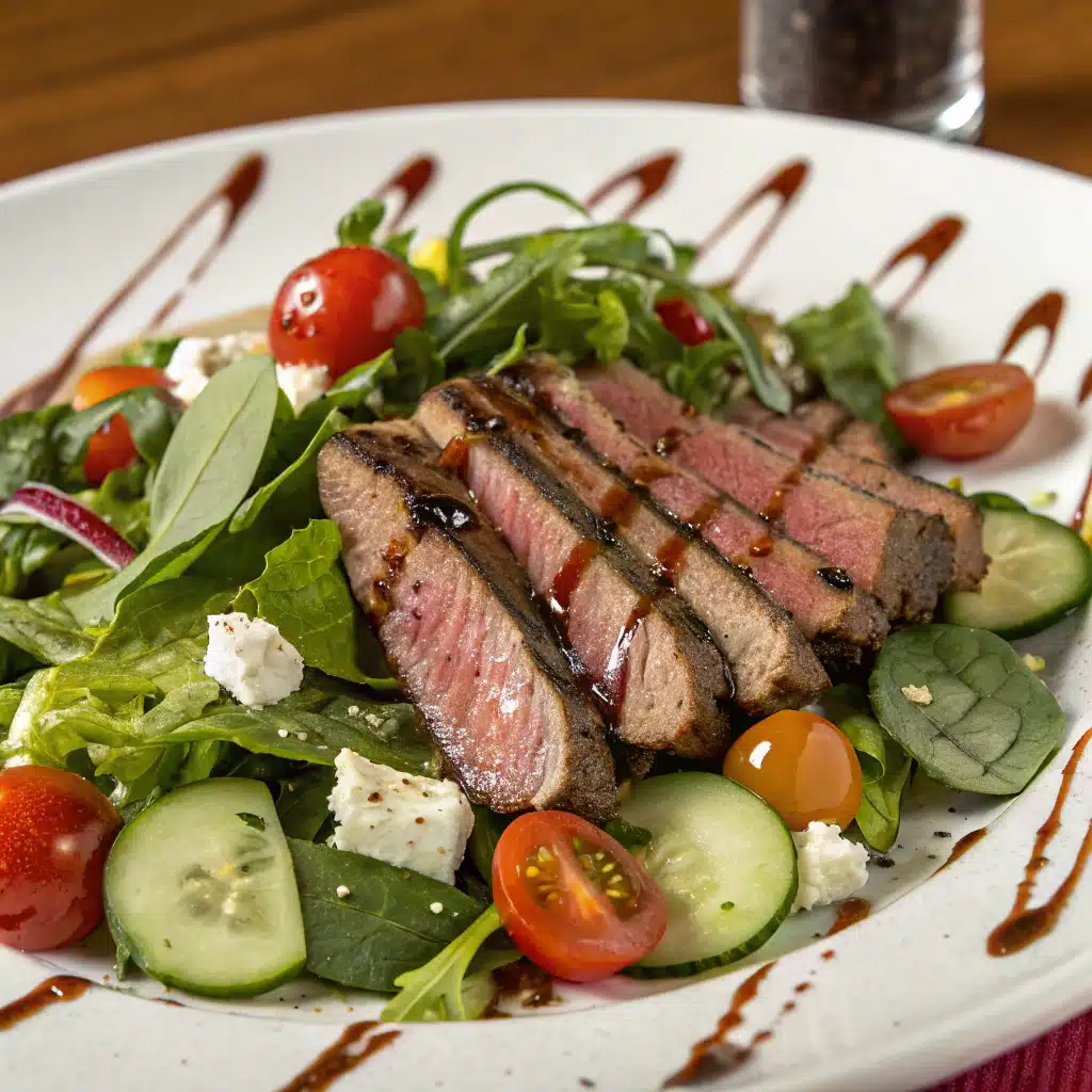 Grilled steak salad serving