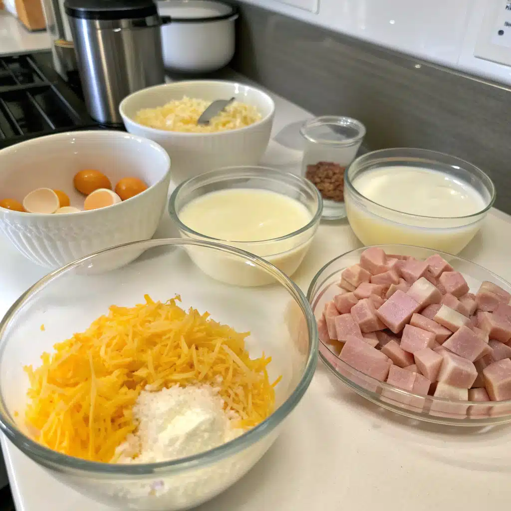 Overnight breakfast casserole with layered ingredients before adding the egg mixture