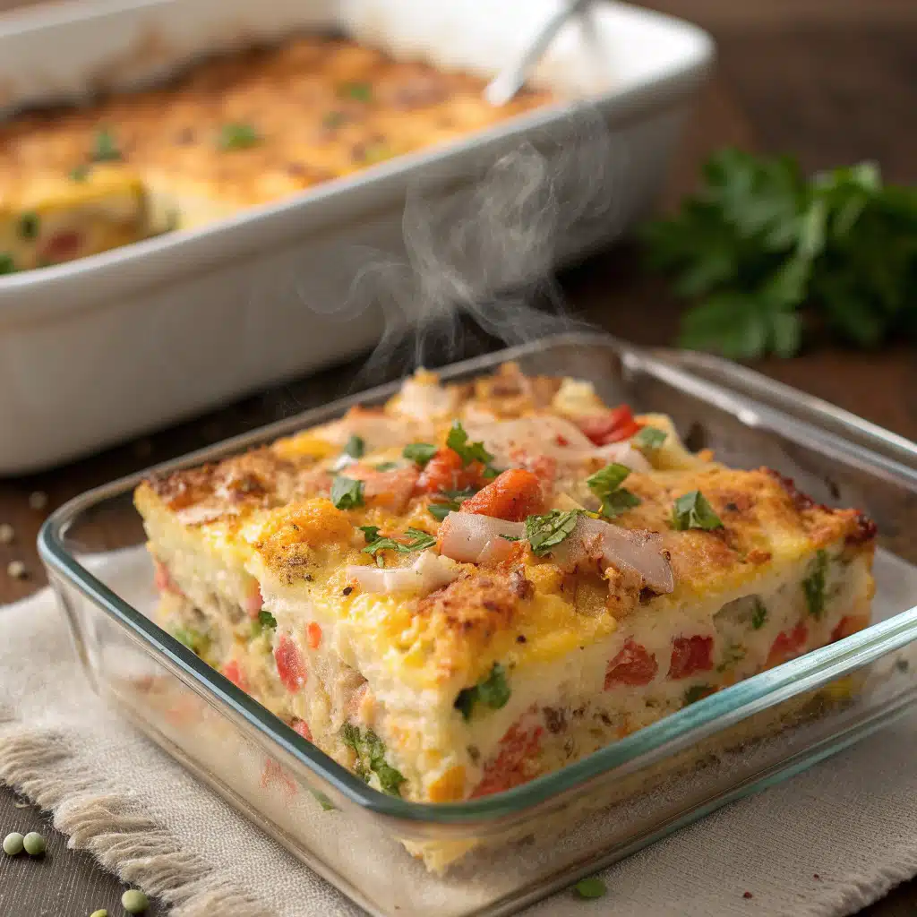 Served overnight breakfast casserole with fresh herbs and sides