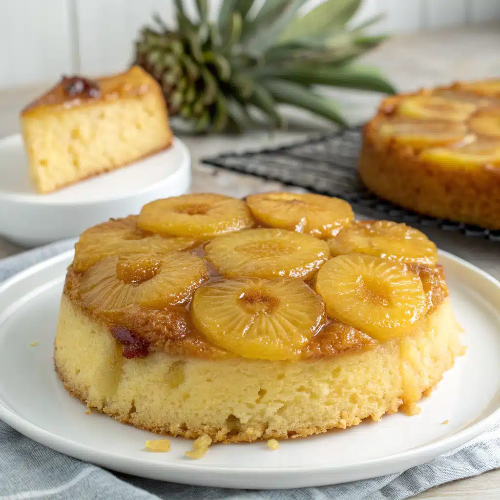 Pineapple upside-down cheesecake beautifully plated and ready to serve