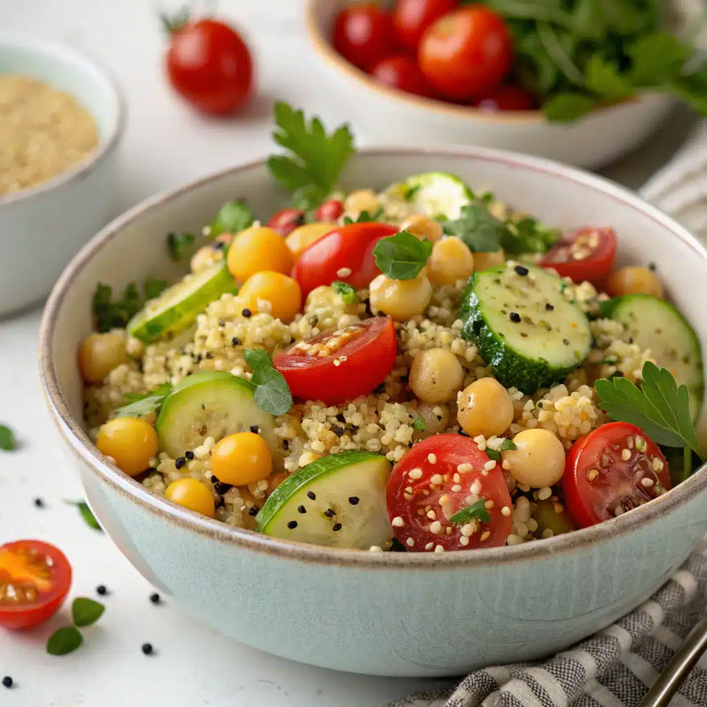 Quinoa salad beautifully plated in a serving bowl garnished with fresh herbs