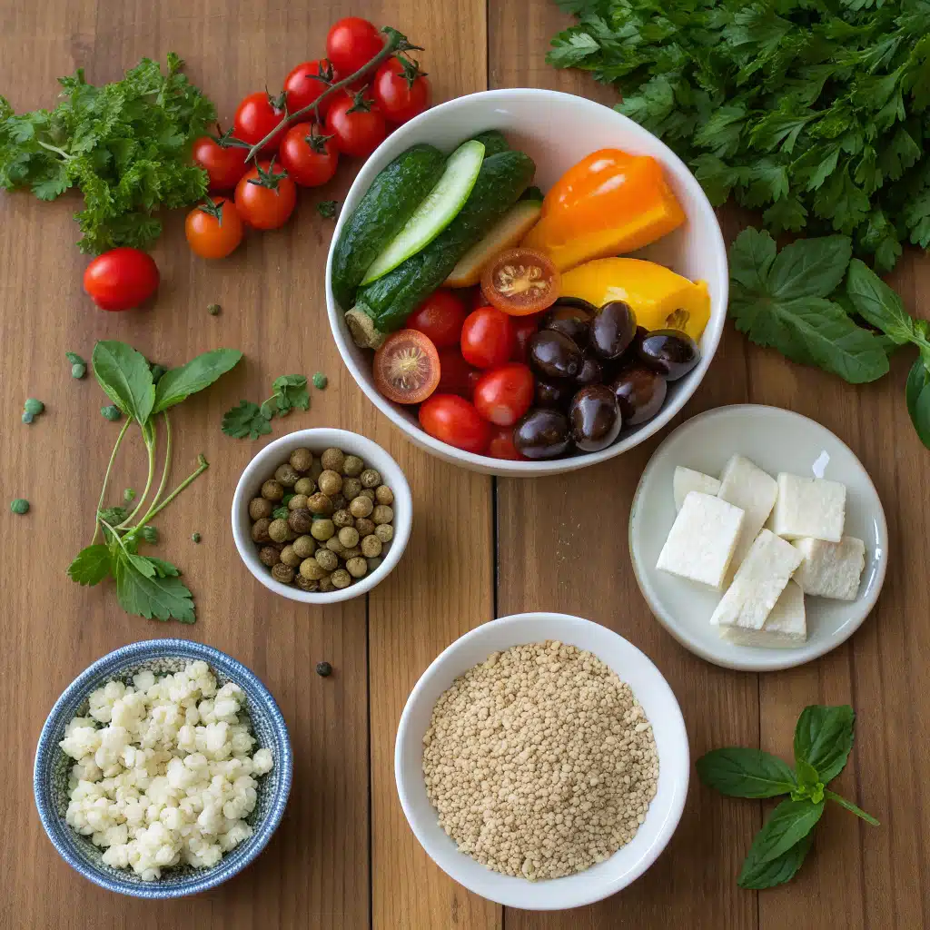 Quinoa salad ingredients arranged in separate bowls before mixing