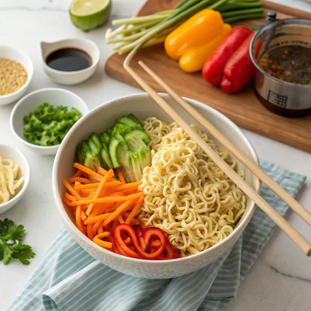 First step of making ramen noodle salad