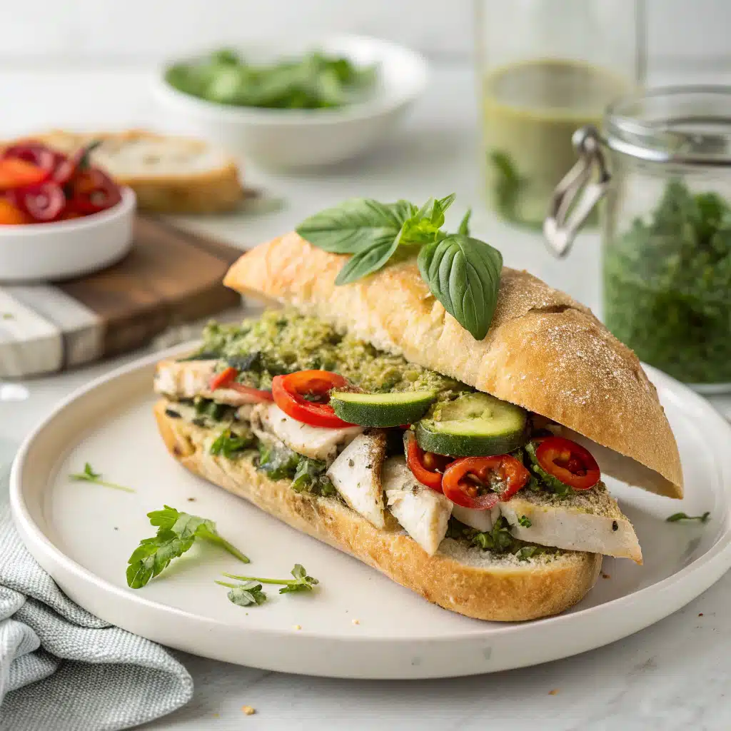 Turkey pesto sandwich serving