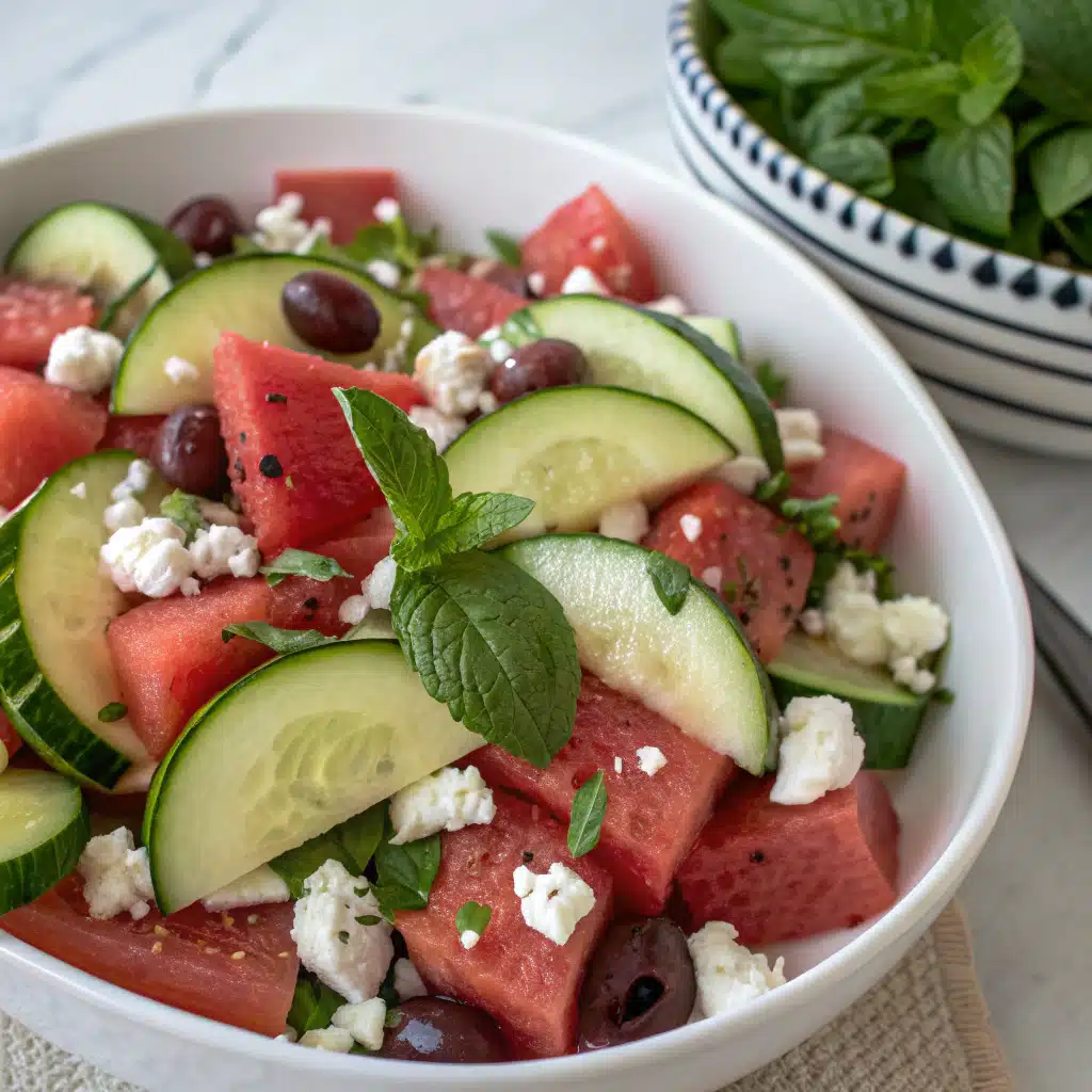 watermelon cucumber feta salad Serving