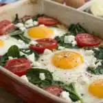 baked feta eggs spinach tomatoes featured image
