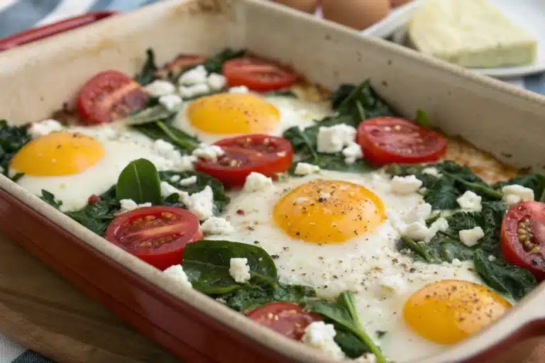baked feta eggs spinach tomatoes featured image
