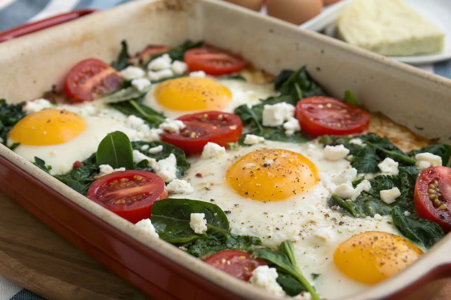 baked feta eggs spinach tomatoes featured image