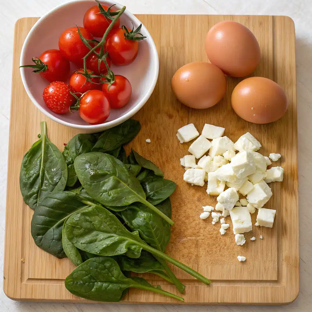 baked feta eggs spinach tomatoes ingredients