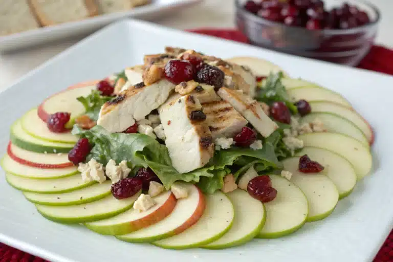 cranberry chicken salad on apple slices featured image