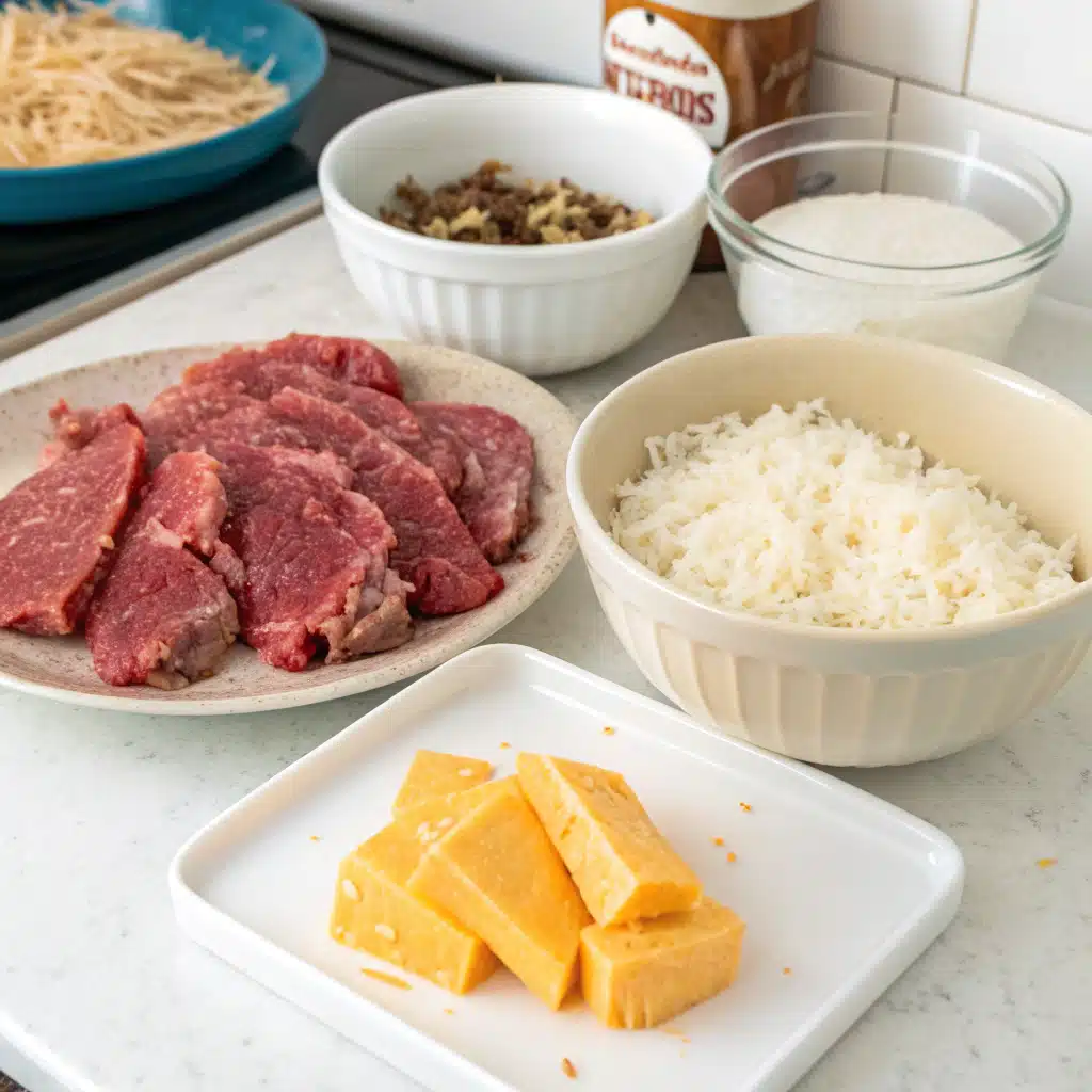 creamy queso steak rice bowl First Step