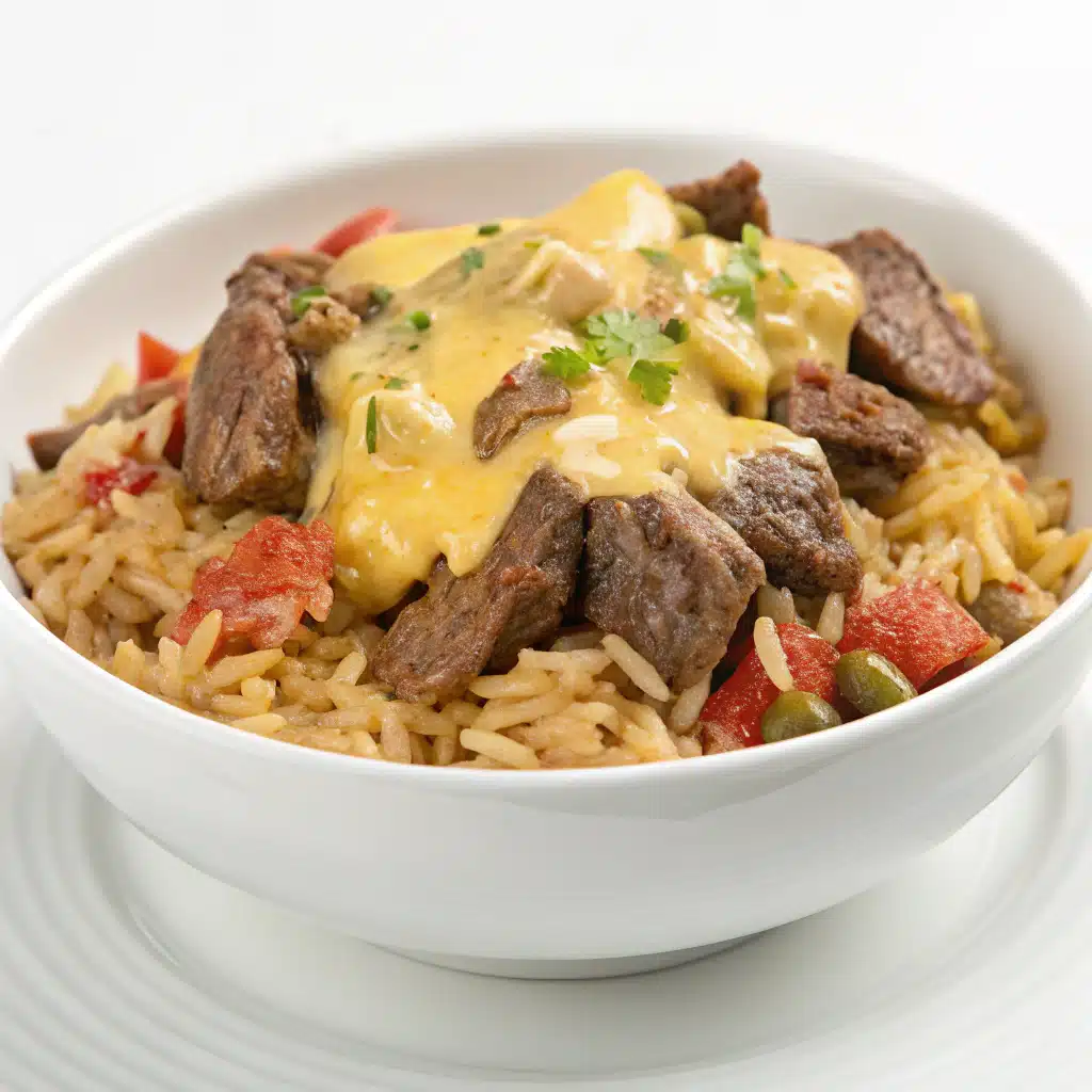creamy queso steak rice bowl Serving