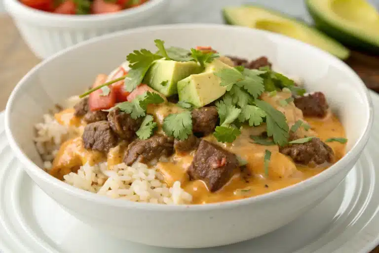 creamy queso steak rice bowl featured image