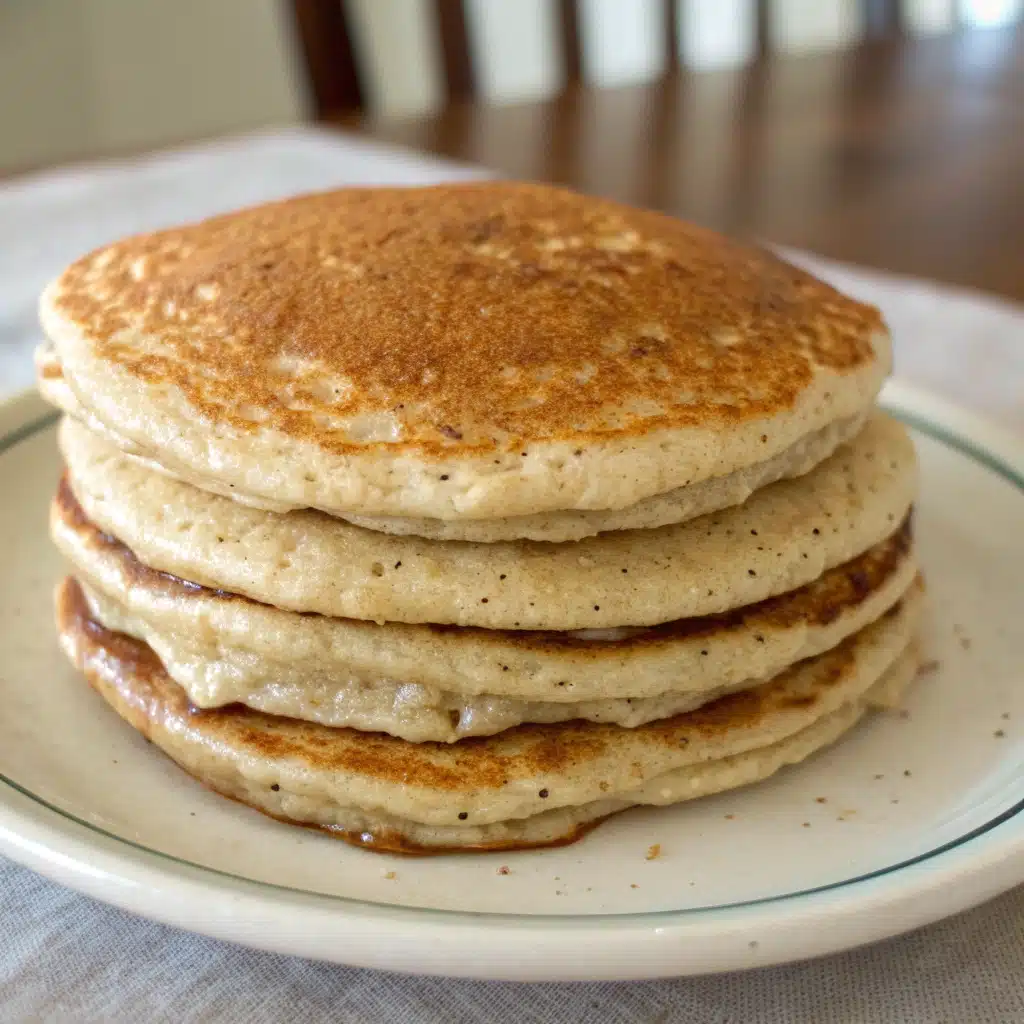 Fluffy oatmeal pancakes without banana served on a plate with berries and syrup