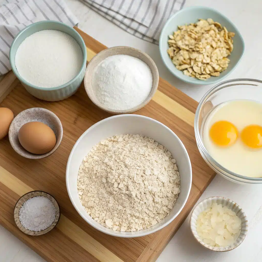 Ingredients for fluffy oatmeal pancakes without banana laid out on counter