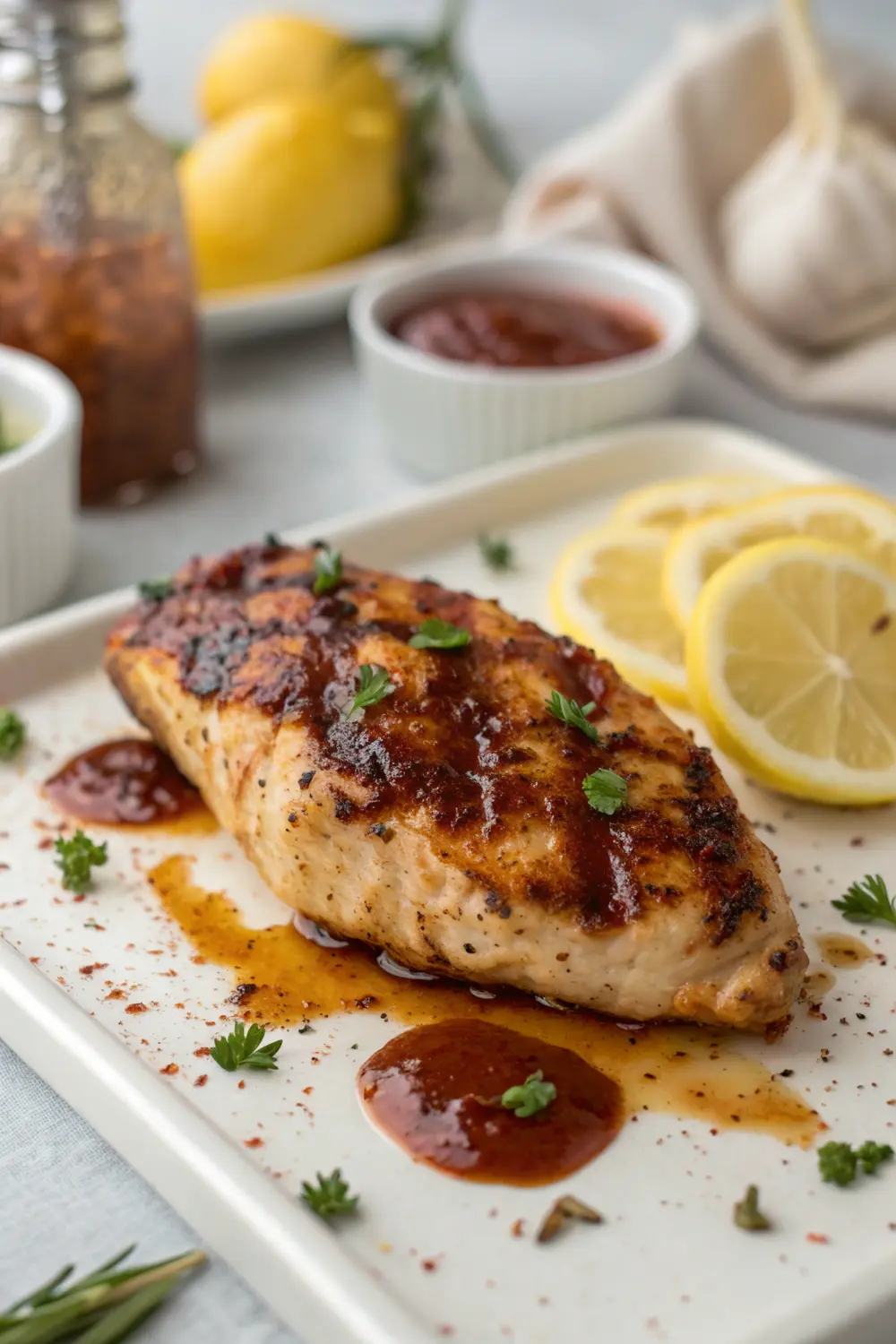 Juicy air fryer BBQ chicken breast sliced and ready to serve