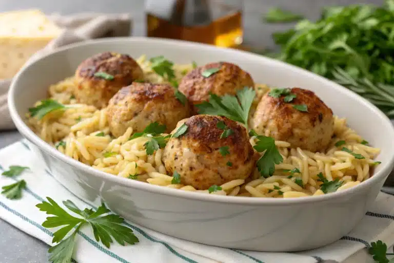 baked chicken meatballs with orzo featured image