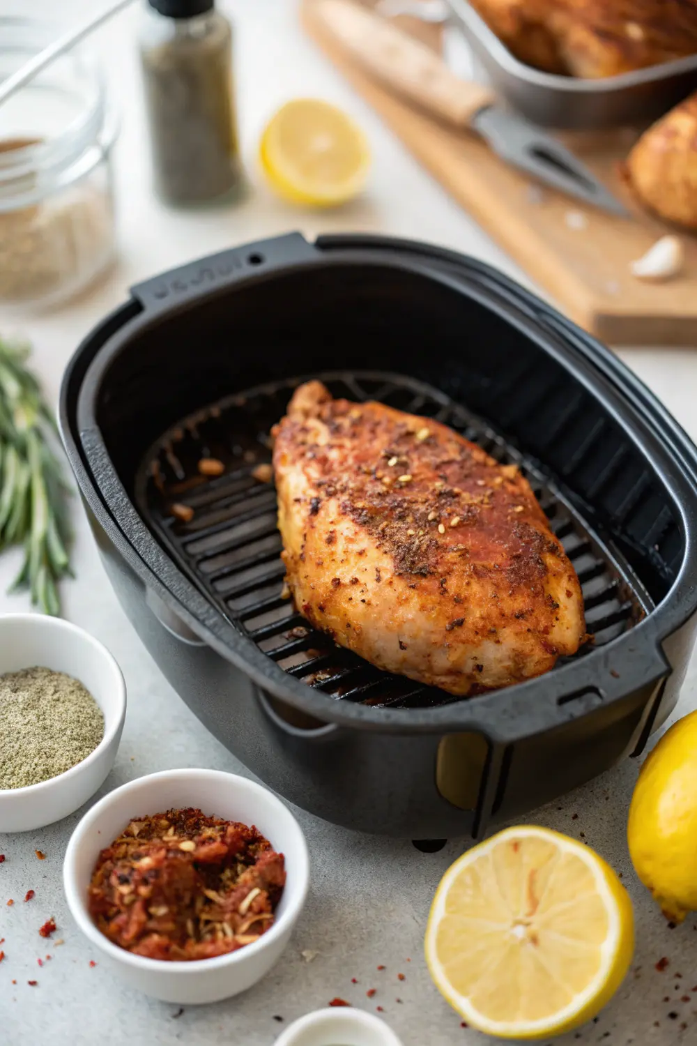 Air fryer BBQ chicken breast served with fresh vegetables