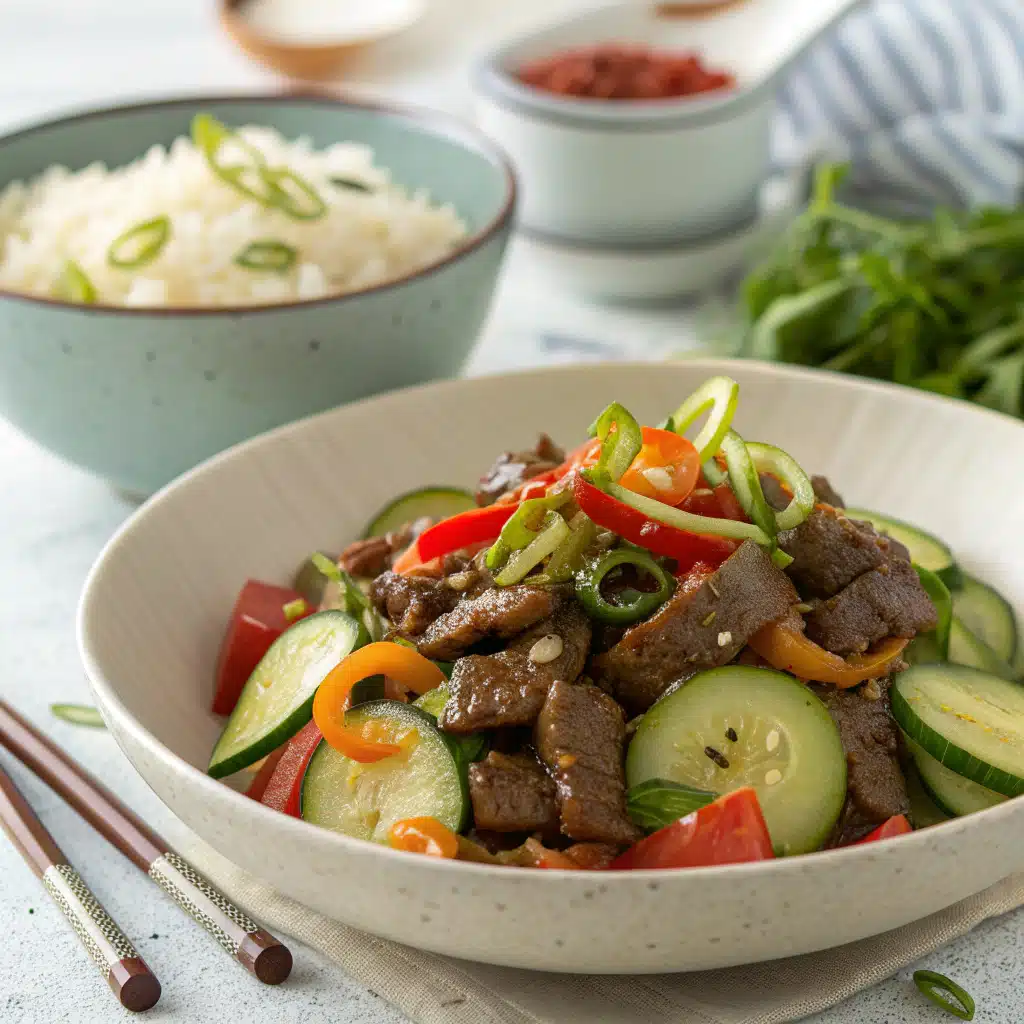 Beef stir fry cucumber salad serving